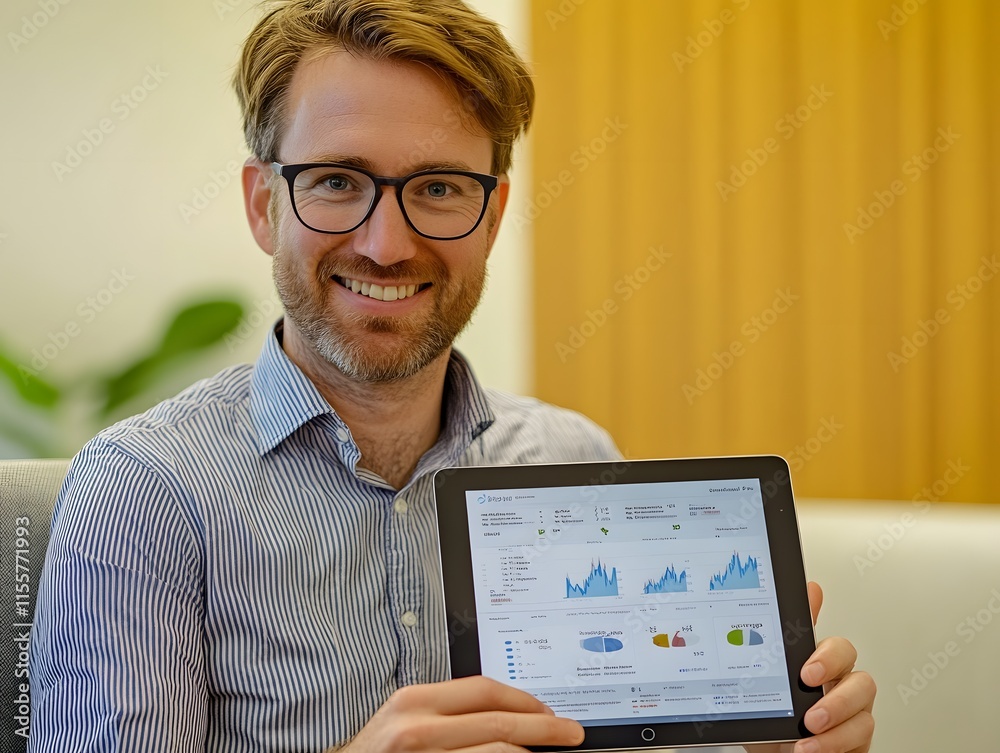 Aufkleber happy businessman displaying digital tablet with data analytics, graphs, and charts in modern office