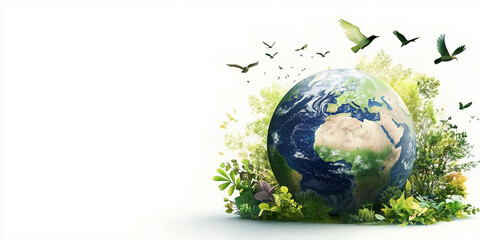 Earth surrounded by lush green plants with flying birds on a minimalist empty background, large white space for ecological and environmental concepts.