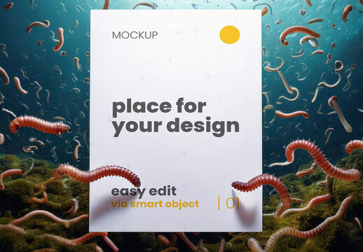 Poster Frame Vertical Sign Mockup Underwater with Worms