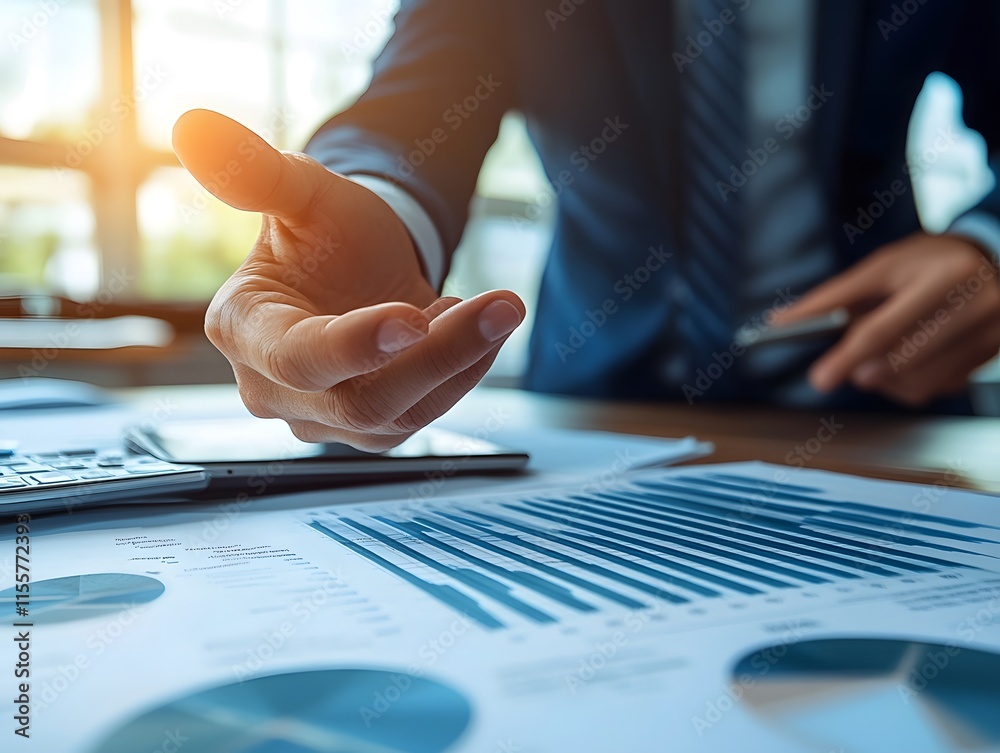 Poster Business Professional Discussing Growth Strategies with Charts and Graphs on Table, Emphasizing Collaboration in Modern Office Environment