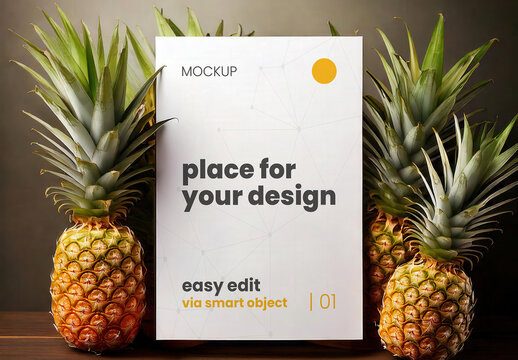 Poster Frame Vertical Sign Mockup with Pineapples Standing Around