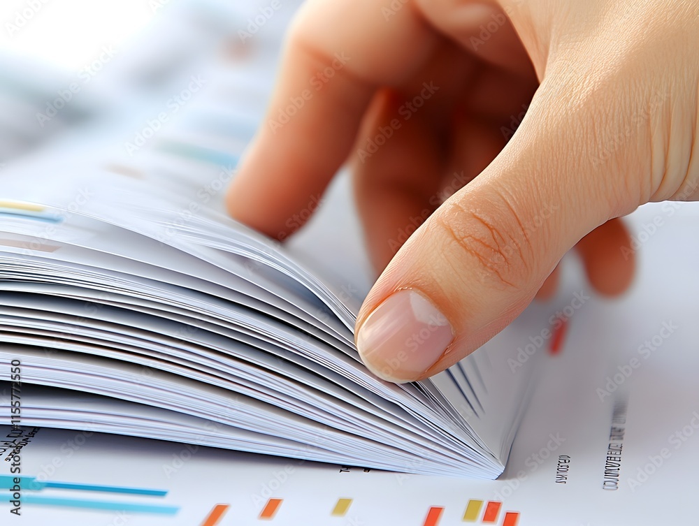 Poster Close-Up Image of Hand Flipping Pages of Document with Colorful Graphs and Charts on a Bright Desk Surface for Business or Academic Use