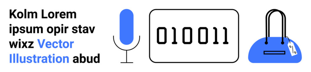 Microphone icon, binary code in a rectangular frame, handbag, and text in a mix of black and blue colors. Ideal for technology, digital communication, AI, e-commerce, cybersecurity fashion