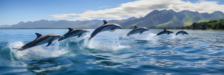 Fototapeta premium Spectacular Display of Playful Dolphins Leaping From Azure Ocean Amidst the Bright Rays of the Sun