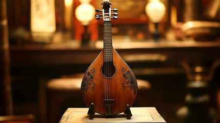 Antique Musical Instrument: A vintage lute-like instrument, handcrafted with intricate detail and boasting a rich, aged patina, stands elegantly in a rustic interior.