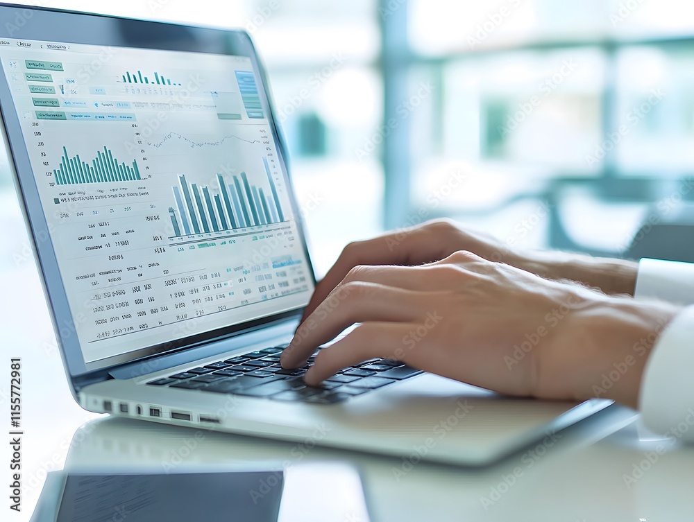 Fototapete Close-up of professional hands typing on a laptop, analyzing financial charts and data in a modern office setting with soft natural light streaming in through large windows