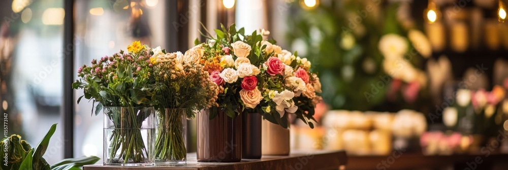 Poster stylish storefront display featuring fresh flowers in elegant glass vases during bright daylight. ge