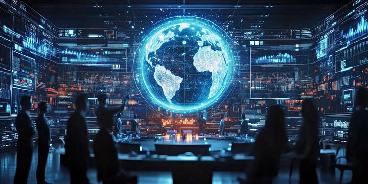 holographic globe projection and digital data interfaces for technology and innovation themes