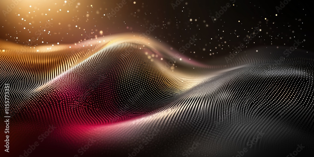 Wall mural dynamic abstract digital waves with golden and pink dotted patterns on a dark background for vibrant