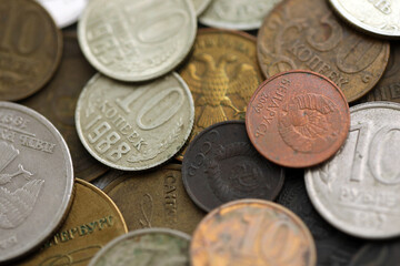 Big pile of different coins from various time period in Russia and Soviet Union. Old and dirty russian money