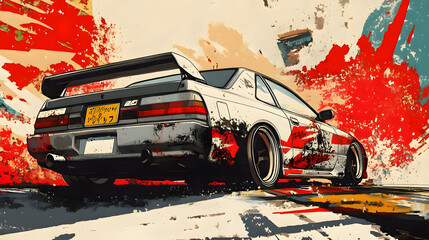 Naklejka premium Japanese Sports Car in Motion: An Artistic Depiction of Automotive Speed and Style