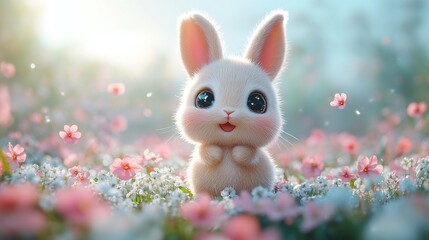 Adorable fluffy bunny rabbit sitting amidst a field of delicate pink and white flowers, bathed in soft sunlight. A charming springtime scene.
