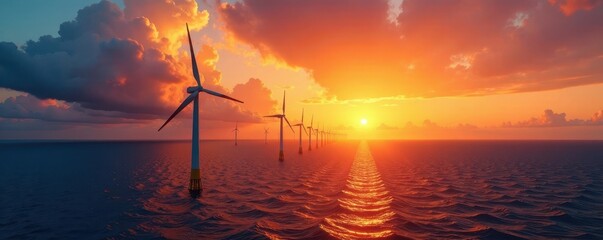 Obraz premium Majestic sunset casts orange glow on offshore wind turbines & solar array , sky, marine