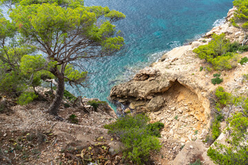 Canyamel, Mallorca, Spain (10/25/2021) - Pine tree and natural cave overlooking turquoise Mediterranean waters with rocky coastline
