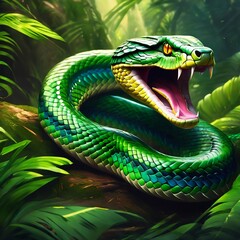 vector illustration of a large green snake with very scary fangs