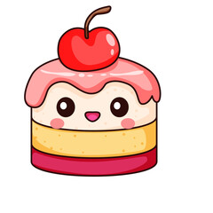 Cute Cake Cartoon Kawaii Sticker. Character Vector Illustration