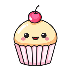 Cute Cupcake Cartoon Kawaii Sticker. Character Vector Illustration