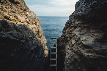 Ladder descending between rocky cliffs towards the sea, symbolizing adventure, exploration,...