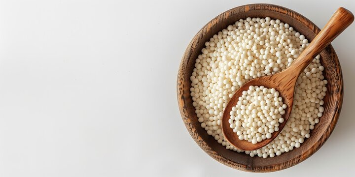 Close-up and top perspective of starch tapioca pearls in a wooden bowl with a spoon&nbsp;set against a stark white background with lots of text area,&nbsp; Generative AI.