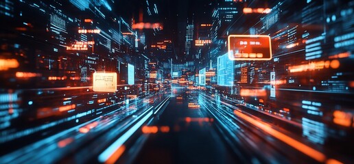 Futuristic cityscape with glowing data streams and digital interfaces.