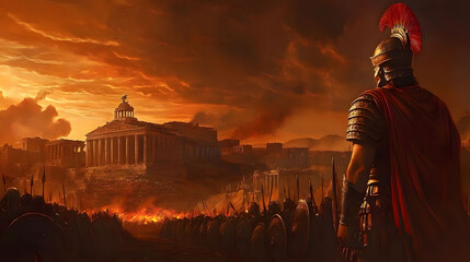 Ancient Roman Legionary Witnessing the Sunset Battle
