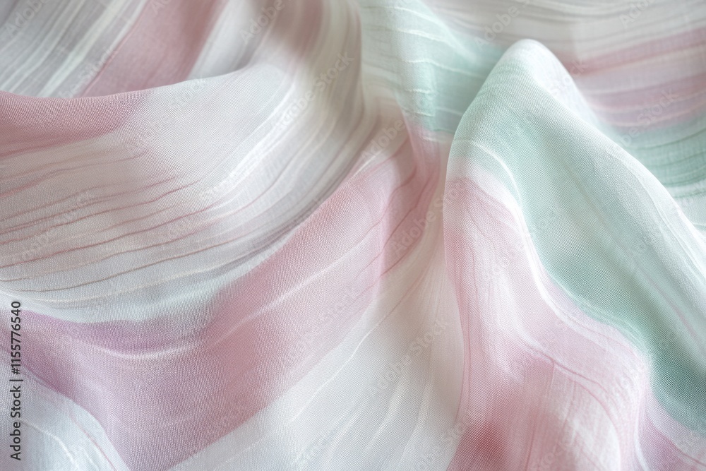 Poster Soft striped fabric with pastel colors in a gentle drape revealing its delicate texture and serene patterns. Generative AI
