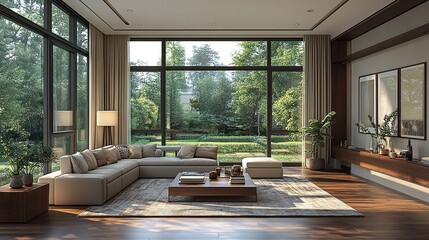 Luxurious modern living room interior design with large windows overlooking a lush green garden, showcasing natural light and a comfortable sectional sofa.