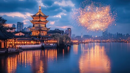 Fototapeta premium Chinese new year fireworks celebration urban landscape digital art background night view festive spirit