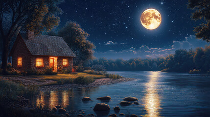 Cozy Cottage by a Peaceful River Under a Starry Night Sky
