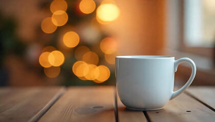 Fototapeta premium White Ceramic Mug on Wooden Surface Warm Bokeh Background
