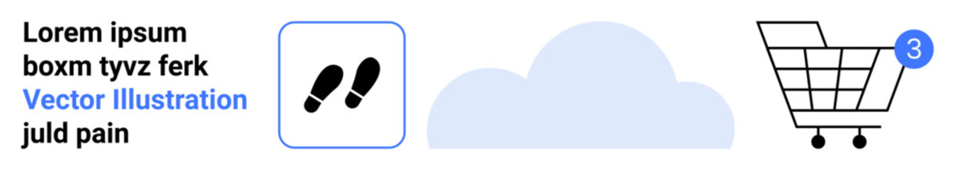 Shopping cart with three new items represented by a notification badge, footprints icon symbolizing steps, and text. Ideal for e-commerce, online shopping, notifications, user interface, digital