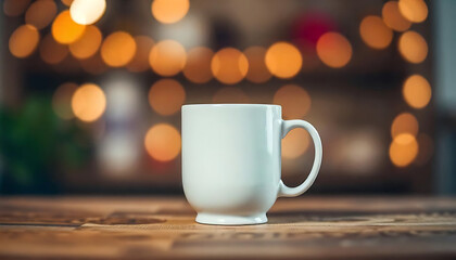 Obraz premium White Ceramic Mug on Wooden Surface Warm Bokeh Background