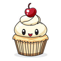 Cute Cupcake Cartoon Kawaii Sticker. Character Vector Illustration