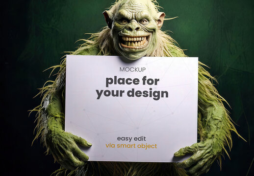 Ugly Swamp Ogre Holdign An Horizontal Page Poster Sign Mockup