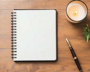 Antique desk with a leatherbound notebook and vintage fountain pen, warm candlelight