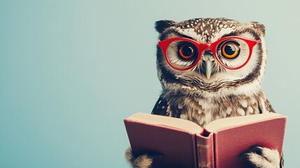 Wise Owl with Red Glasses Reading a Book on Pastel Blue Background