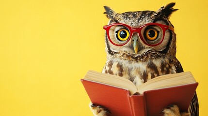 Adorable Owl with Red Glasses Reading a Book on Bright Yellow Background