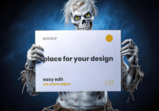 Undead Zombie Holdign an Horizontal Poster Page Sign Mockup