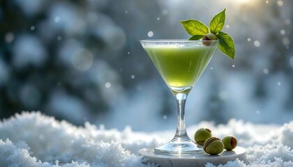 Elegant Pistachio Martini with Winter Landscape