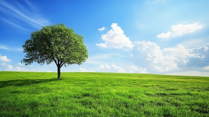 Obraz premium A solitary tree on a lush green hill under a bright blue sky with fluffy clouds.