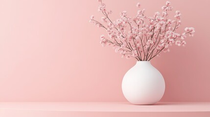 A minimalist white vase with pink flowers against a soft pink background.