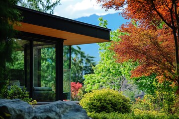 Modern house exterior with garden and beautiful landscaping