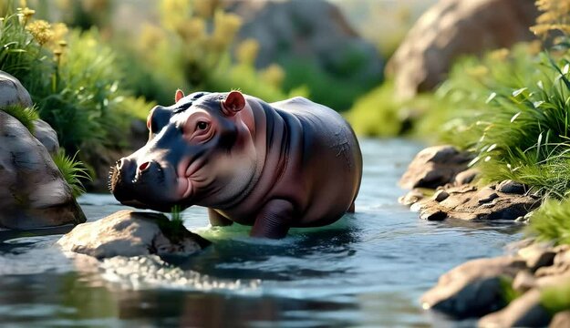Adorable Hippopotamus in Tranquil Water Surrounded by Nature