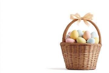Easter basket filled with colorful eggs and bow on handle