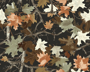 ealistic camouflage seamless pattern using forest leaves and barks. Hunting camo for cloth, weapons or vehicles.