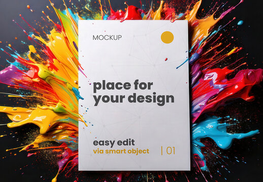 Vertical Page Poster Sign Mockup with Paint Splash Splatter Colorful Design