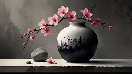 Urban Meets Nature, Pink Orchids in Black and White Vases V3