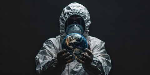A close-up of a scientist wearing a suit of protection holding Earth inside a glass ball on a dark background with a large writing&nbsp;area, Generative AI.