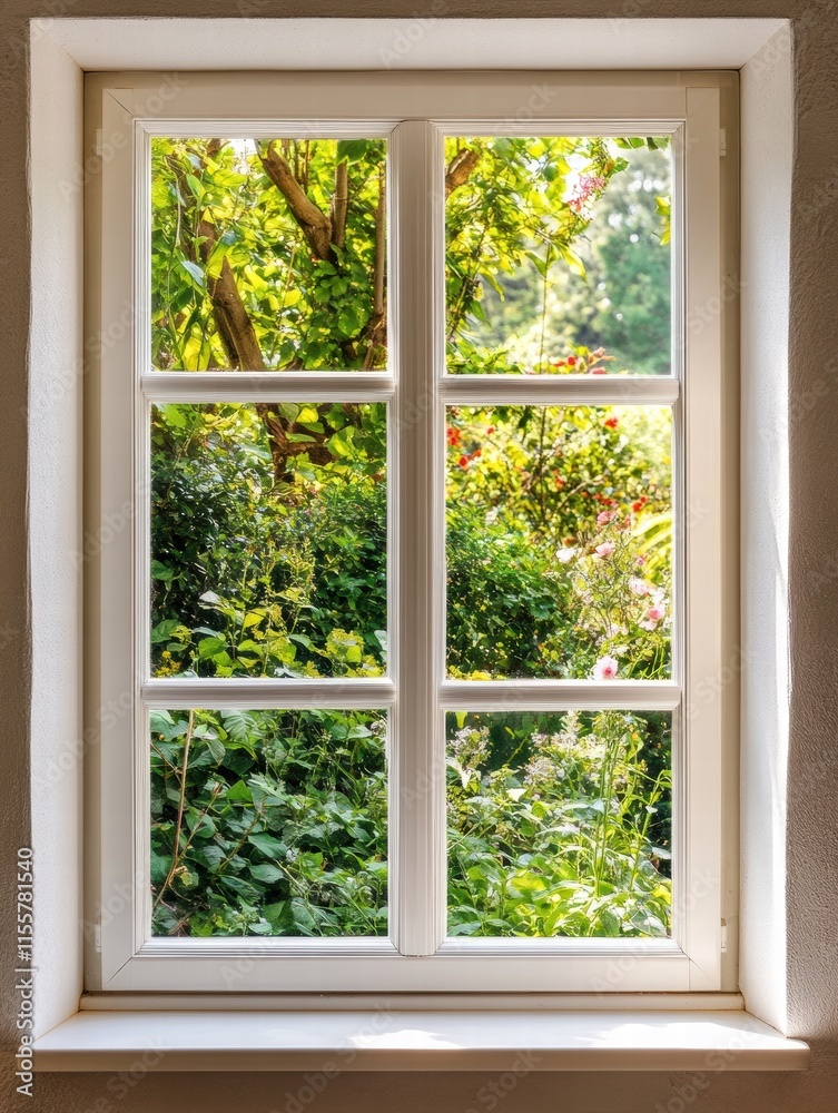 Aufkleber Bright garden view from a cozy window in a serene setting. Generative AI