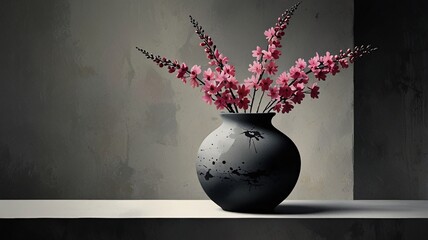 Urban Meets Nature, Pink Orchids in Black and White Vases V6